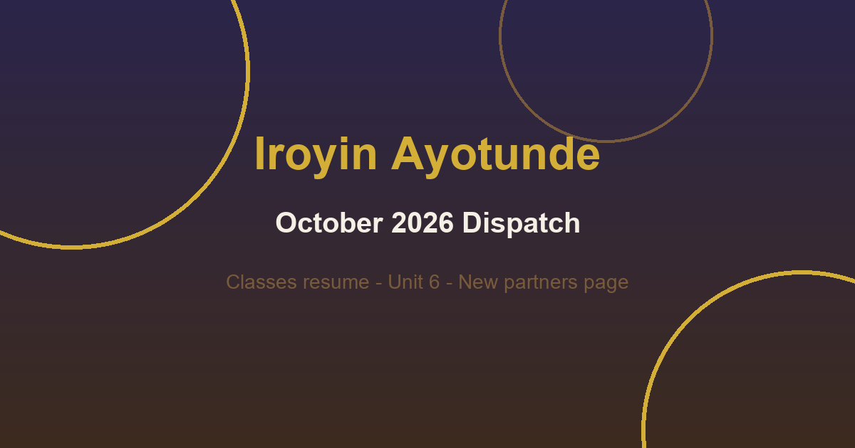 Gold and indigo dispatch artwork for the October 2026 program newsletter.